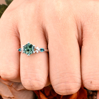 Vintage Hexagon Cut Tsavorite Engagement Ring Nature Inspired Emerald Cluster Promise Ring Rose Gold Art Deco Leaf Women Gemstone Branch Ring