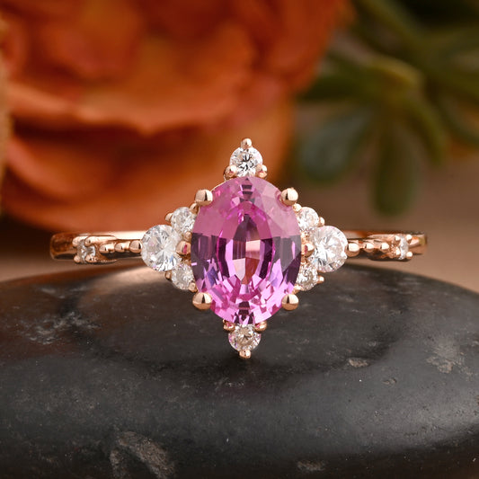 Unique Vintage Oval Cut Pink Sapphire Ring Solid 10,14,18k Rose Gold Ring Handmade Moissanite Decorated Engagement Ring Promise Bridal Ring Anniversary Gift