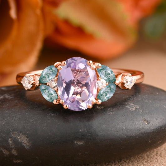Vintage Oval Amethyst Engagement Ring Unique Moss Agate Sidestones Oval Gemstone Promise Ring