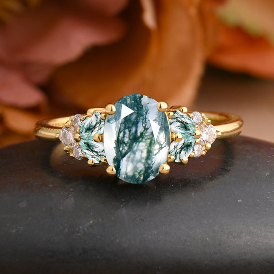 Vintage Oval Moss Agate Engagement Ring Set Unique Moss Agate Sidestones Oval Moissanite Deco Gemstone Promise Ring Set