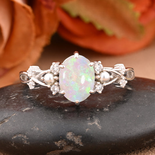 Oval Natural Opal Engagement Ring Twisted Ring Solid Rose Gold Ring Moissanite & Opal ring Antique Promise Anniversary Ring