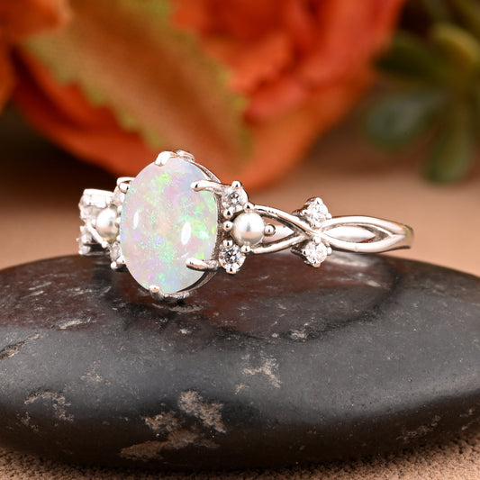 Bague de fiançailles vintage ovale en pierre de lune, bague de promesse unique en opale et moissanite