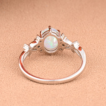 Bague de fiançailles vintage ovale en pierre de lune, bague de promesse unique en opale et moissanite