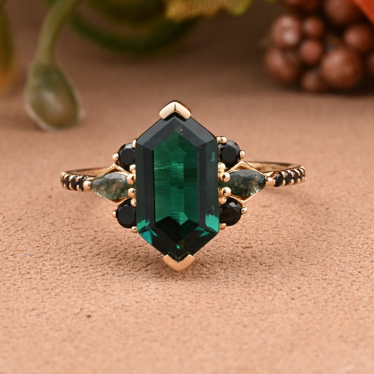 Hexagon Emerald Engagement Ring Emerald Black Onyx Cluster Promise Ring Rose Gold Art Deco Ring Custom Handmade Bridal Ring
