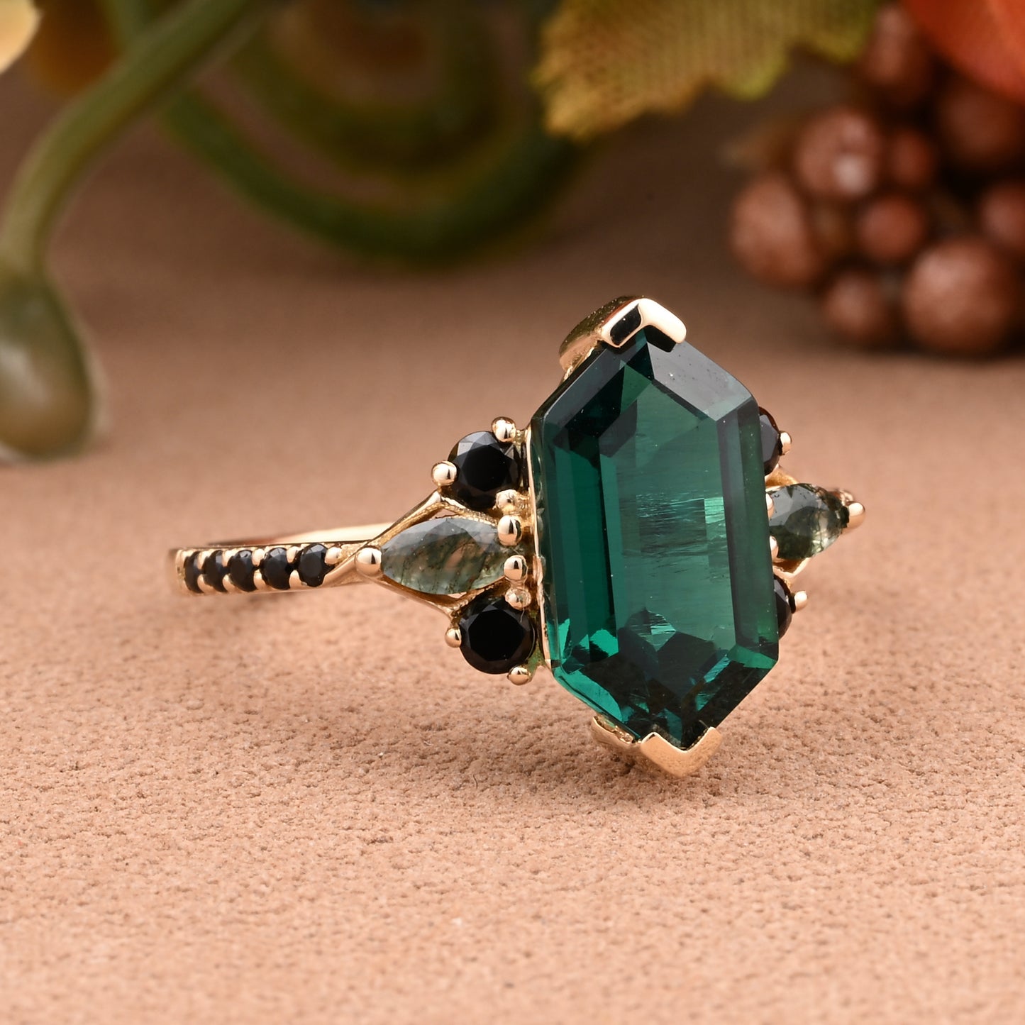 Hexagon Emerald Engagement Ring Emerald Black Onyx Cluster Promise Ring Rose Gold Art Deco Ring Custom Handmade Bridal Ring