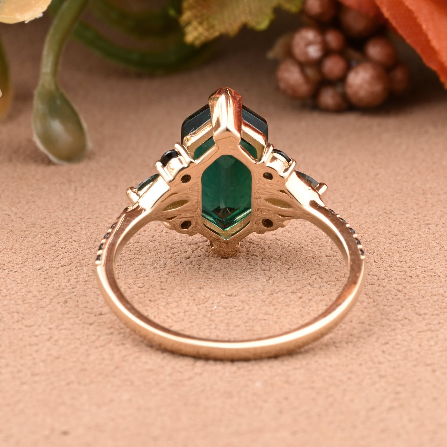 Hexagon Emerald Engagement Ring Emerald Black Onyx Cluster Promise Ring Rose Gold Art Deco Ring Custom Handmade Bridal Ring