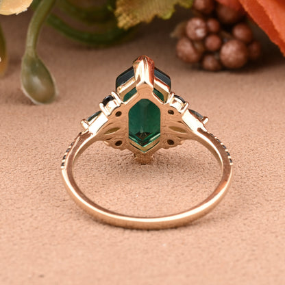 Hexagon Emerald Engagement Ring Emerald Black Onyx Cluster Promise Ring Rose Gold Art Deco Ring Custom Handmade Bridal Ring