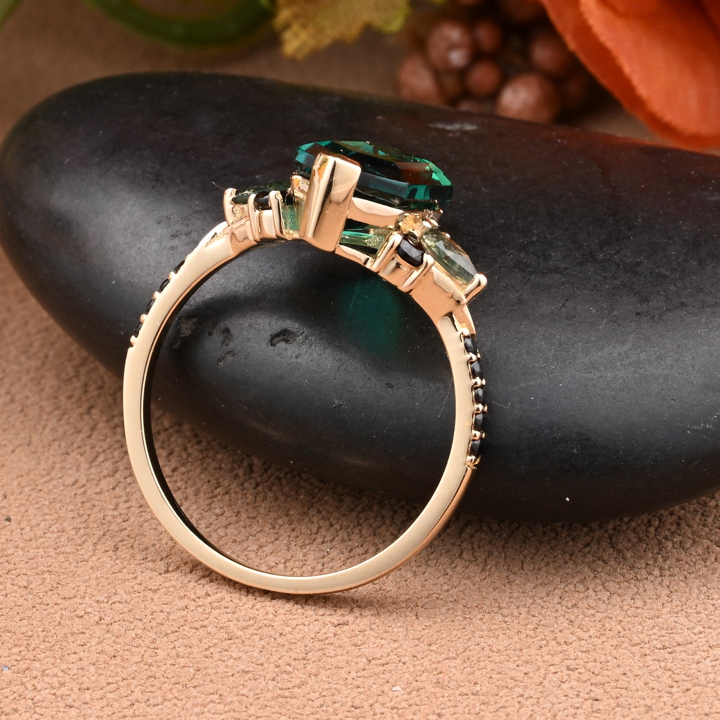Hexagon Emerald Engagement Ring Emerald Black Onyx Cluster Promise Ring Rose Gold Art Deco Ring Custom Handmade Bridal Ring