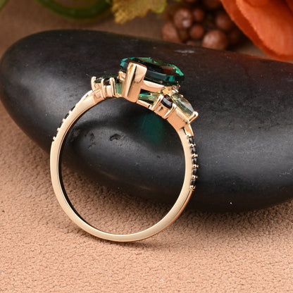 Hexagon Emerald Engagement Ring Emerald Black Onyx Cluster Promise Ring Rose Gold Art Deco Ring Custom Handmade Bridal Ring