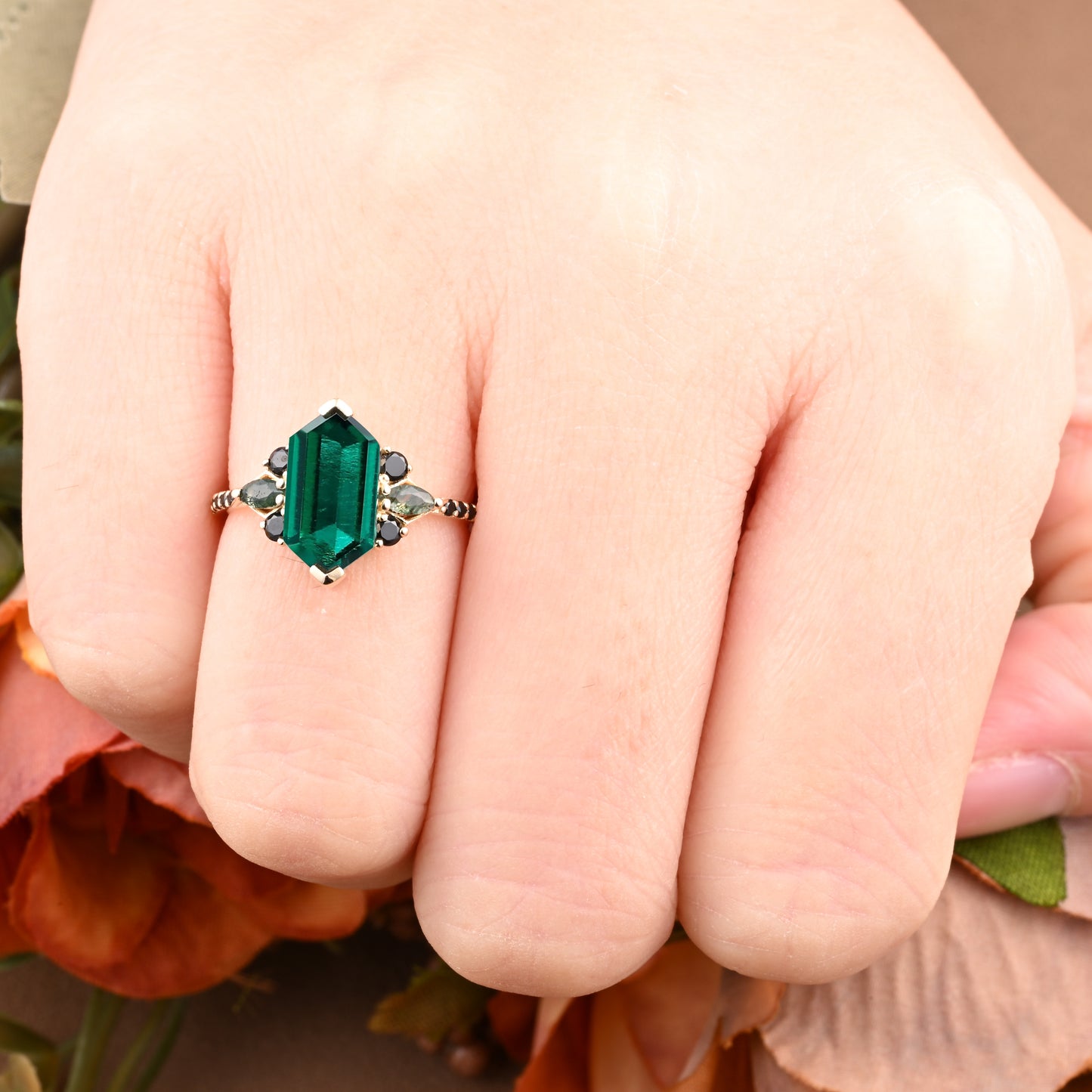 Hexagon Emerald Engagement Ring Emerald Black Onyx Cluster Promise Ring Rose Gold Art Deco Ring Custom Handmade Bridal Ring