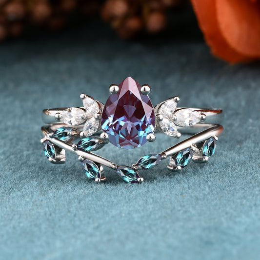 Vintage Pear Shape Alexandrite Enhancer Ring Set Unique Moissanite Gemstone Promise Bridal Ring Set