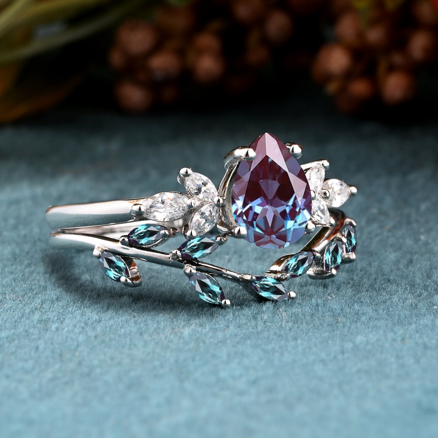 Vintage Pear Shape Alexandrite Enhancer Ring Set Unique Moissanite Gemstone Promise Bridal Ring Set