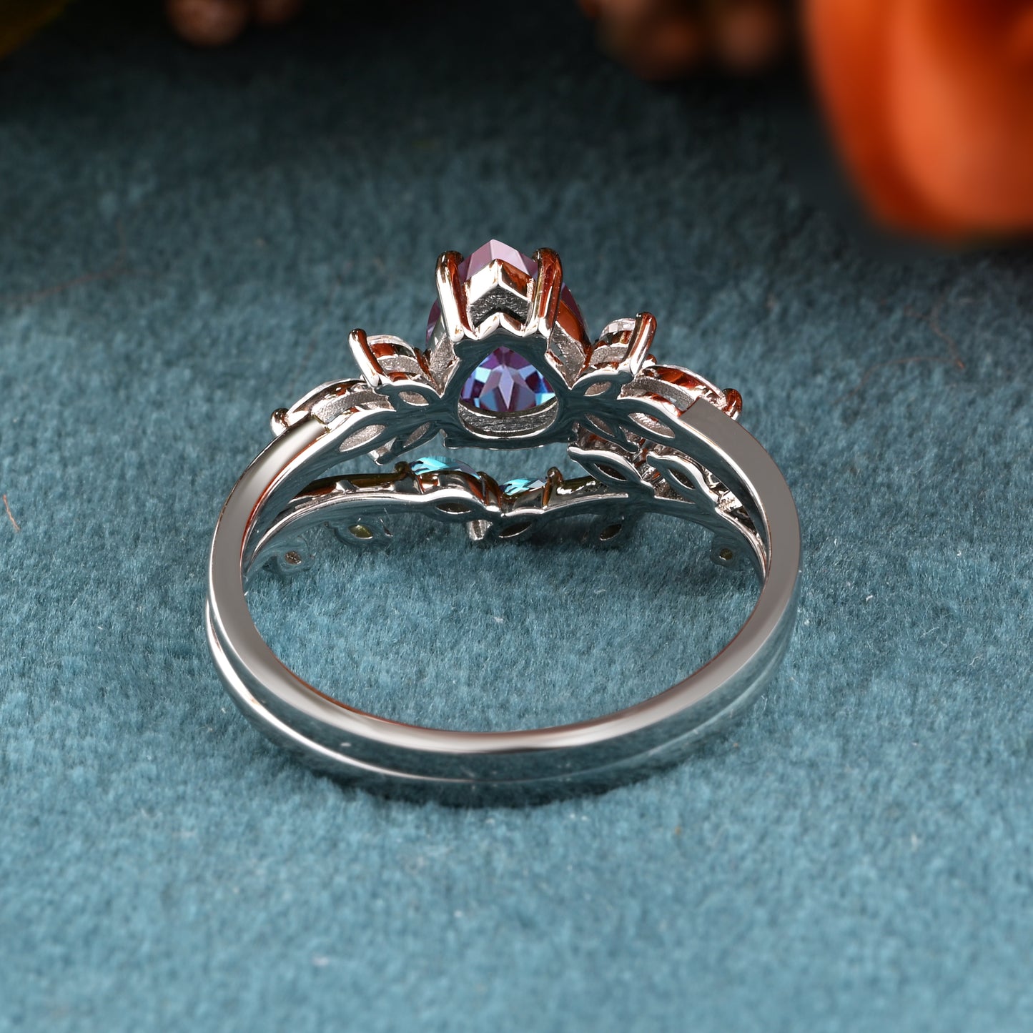 Vintage Pear Shape Alexandrite Enhancer Ring Set Unique Moissanite Gemstone Promise Bridal Ring Set