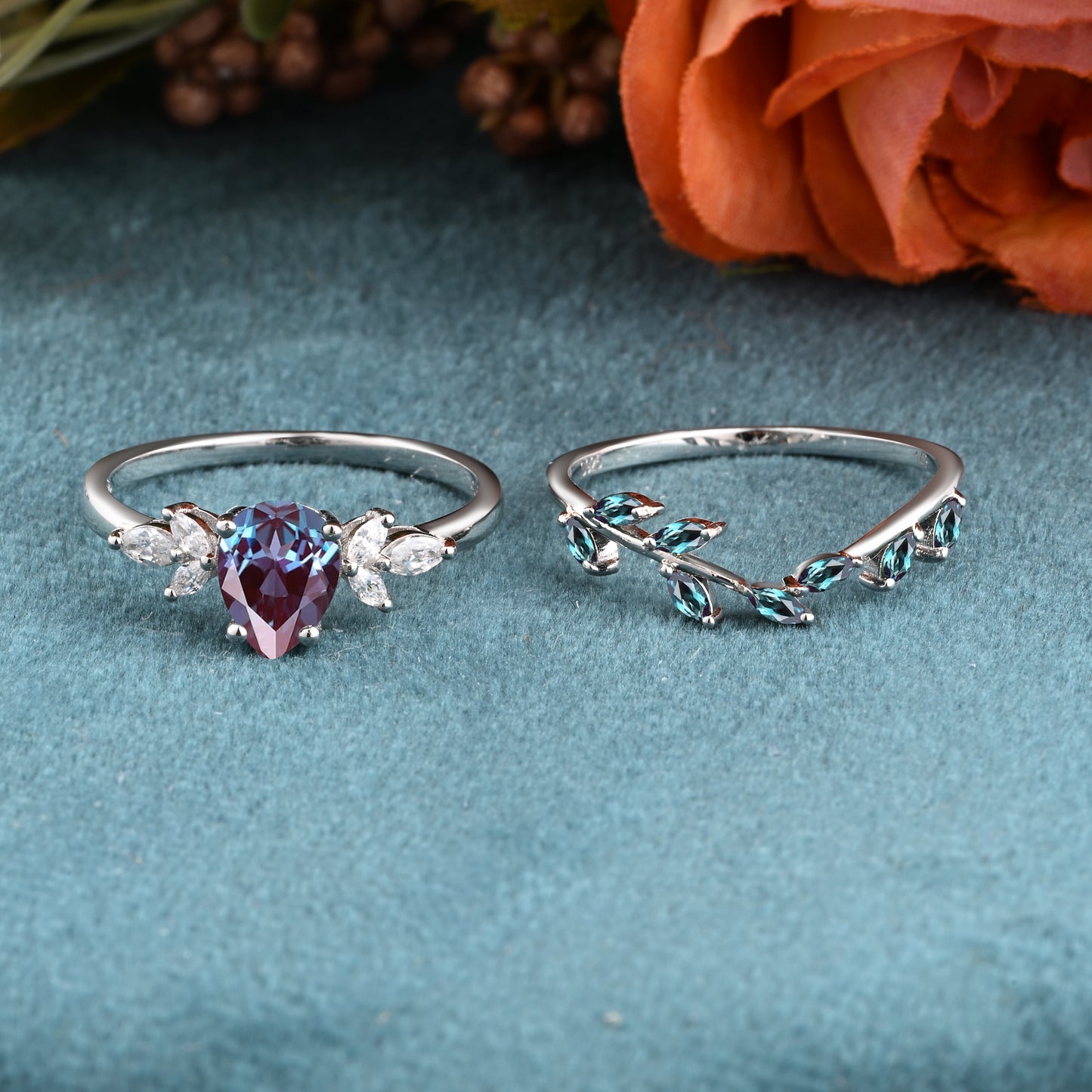 Vintage Pear Shape Alexandrite Enhancer Ring Set Unique Moissanite Gemstone Promise Bridal Ring Set