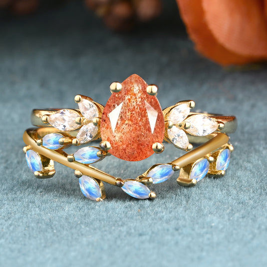 Vintage Pear Shape Sunstone Enhancer Ring Set Unique Moonstone Gemstone Promise Bridal Ring Set