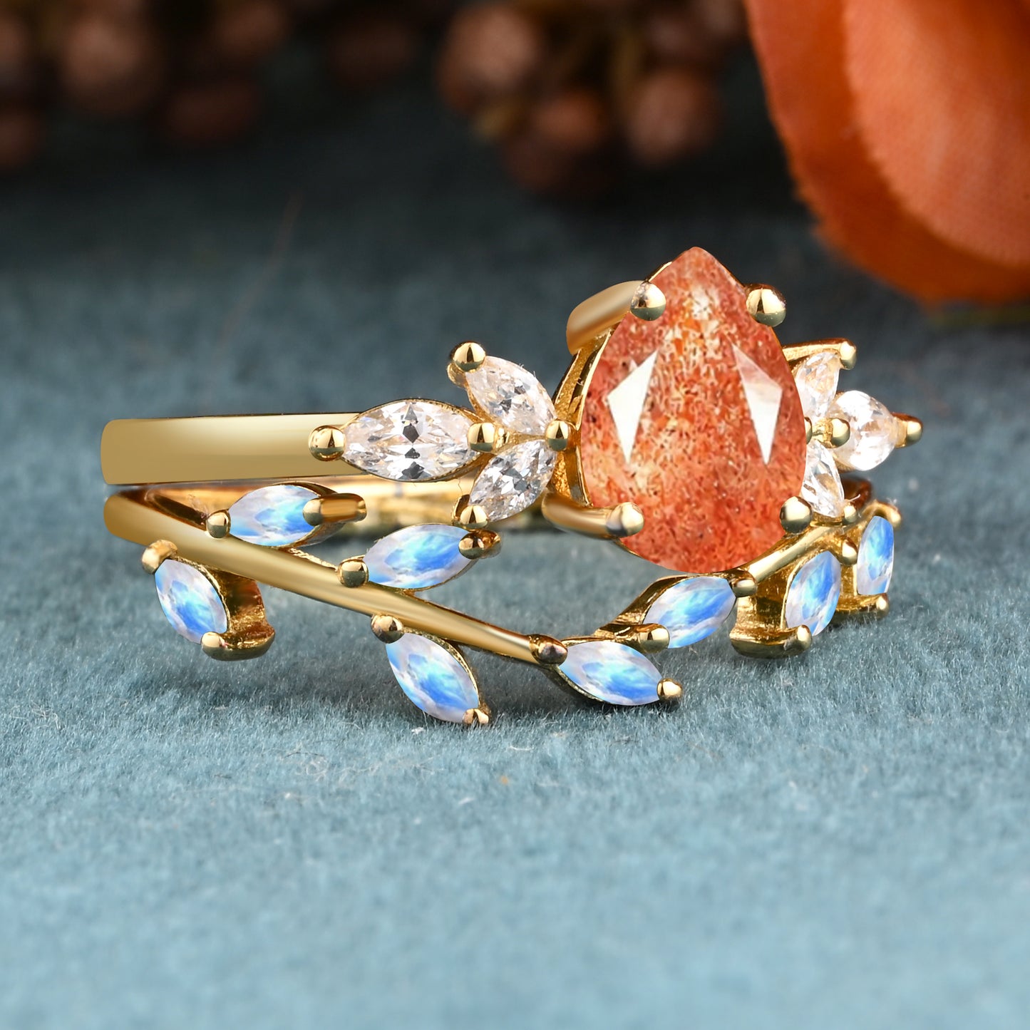 Vintage Pear Shape Sunstone Enhancer Ring Set Unique Moonstone Gemstone Promise Bridal Ring Set