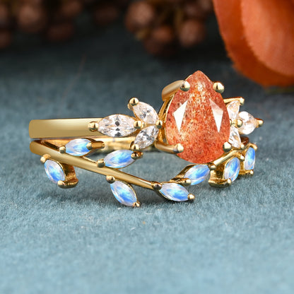 Vintage Pear Shape Sunstone Enhancer Ring Set Unique Moonstone Gemstone Promise Bridal Ring Set