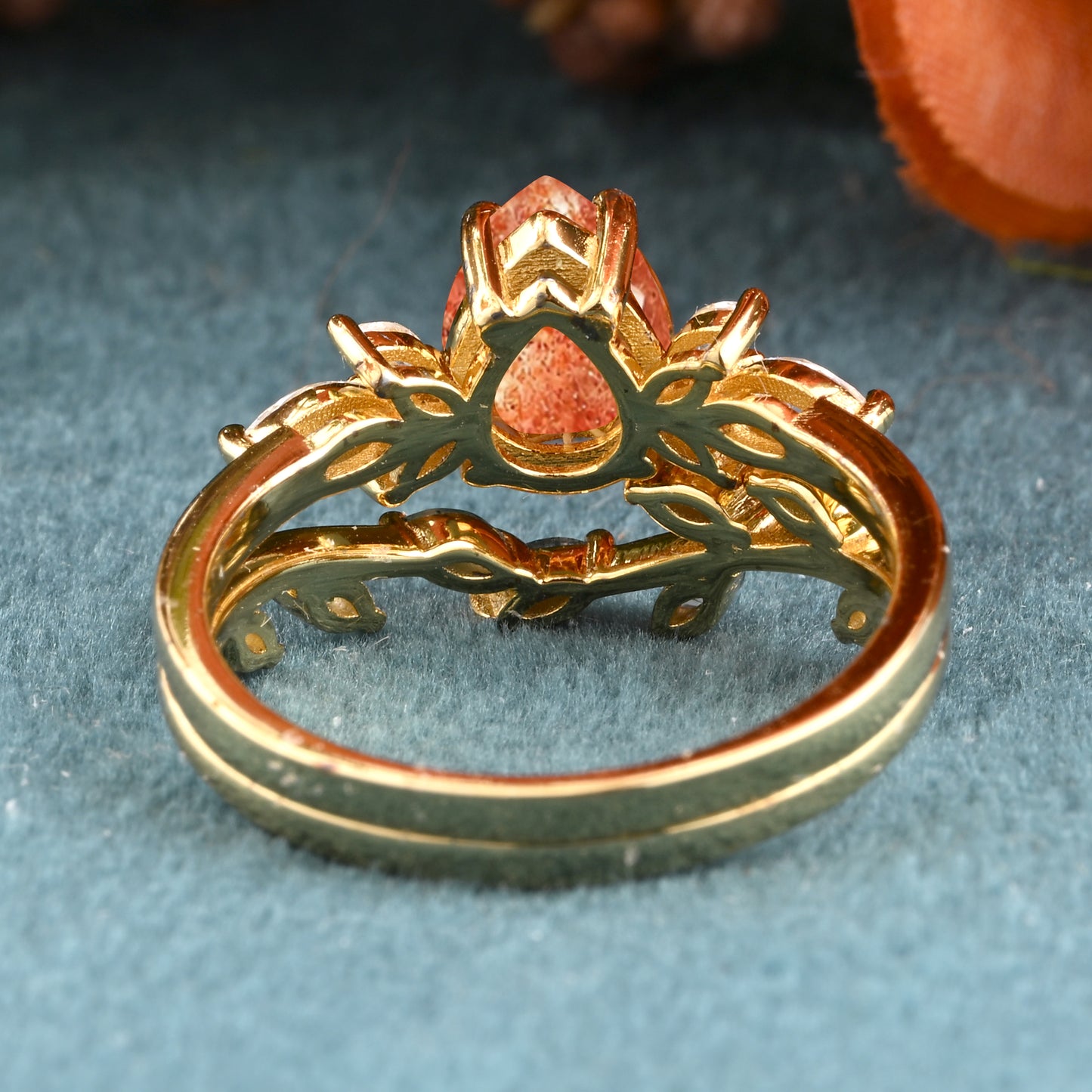 Vintage Pear Shape Sunstone Enhancer Ring Set Unique Moonstone Gemstone Promise Bridal Ring Set