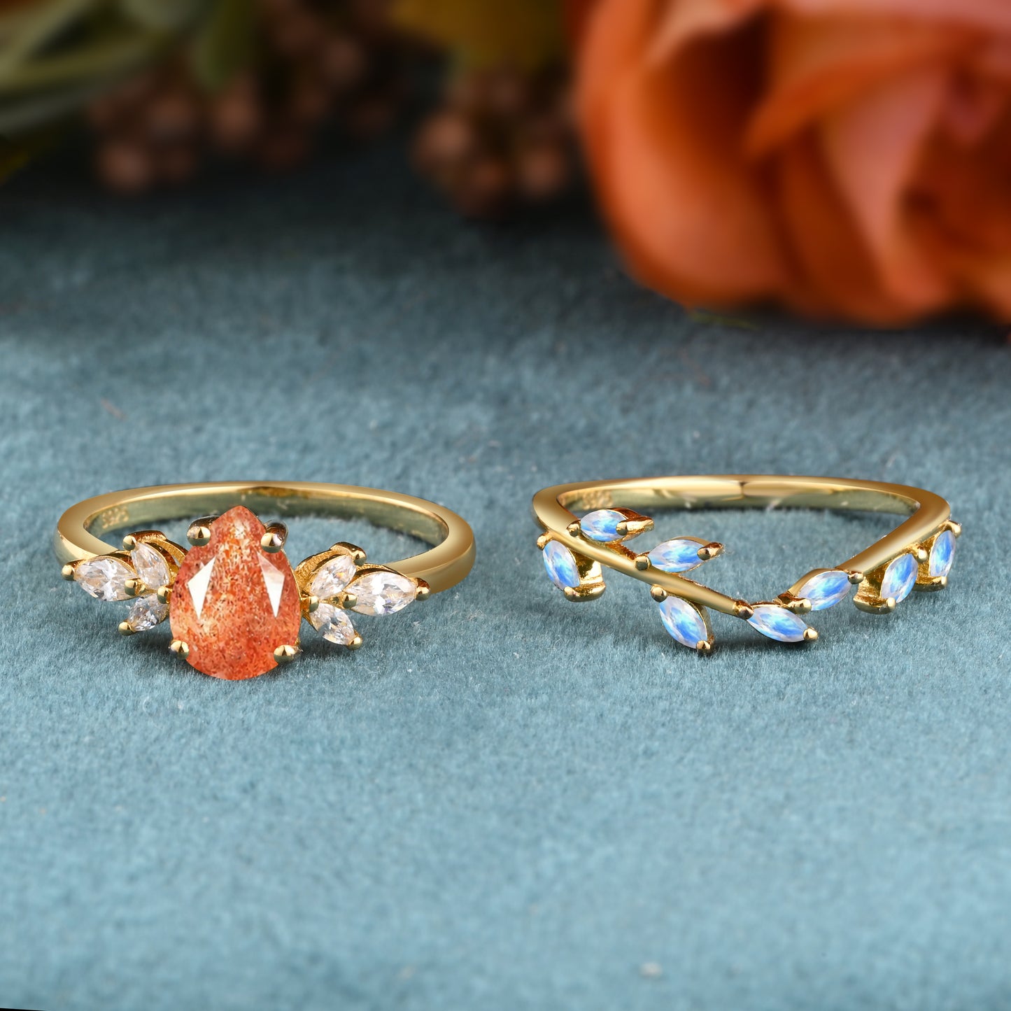 Vintage Pear Shape Sunstone Enhancer Ring Set Unique Moonstone Gemstone Promise Bridal Ring Set
