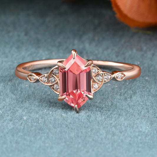 Unique Hexagon Pink Sapphire Ring Art Deco Wedding Ring Set Vintage Pink Agate Engagement Anniversary Ring
