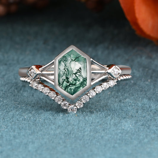 Unique Vintage Bezel Setting Moss Agate Ring Set Solid 14k Yellow Gold Ring Set Vintage Hexagon Cut Moss Agate Engagement Promise Bridal Ring Set