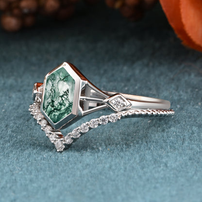 Unique Vintage Bezel Setting Moss Agate Ring Set Solid 14k Yellow Gold Ring Set Vintage Hexagon Cut Moss Agate Engagement Promise Bridal Ring Set