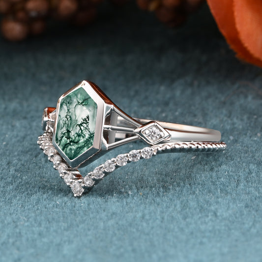 Unique Vintage Bezel Setting Moss Agate Ring Set Solid 14k Yellow Gold Ring Set Vintage Hexagon Cut Moss Agate Engagement Promise Bridal Ring Set