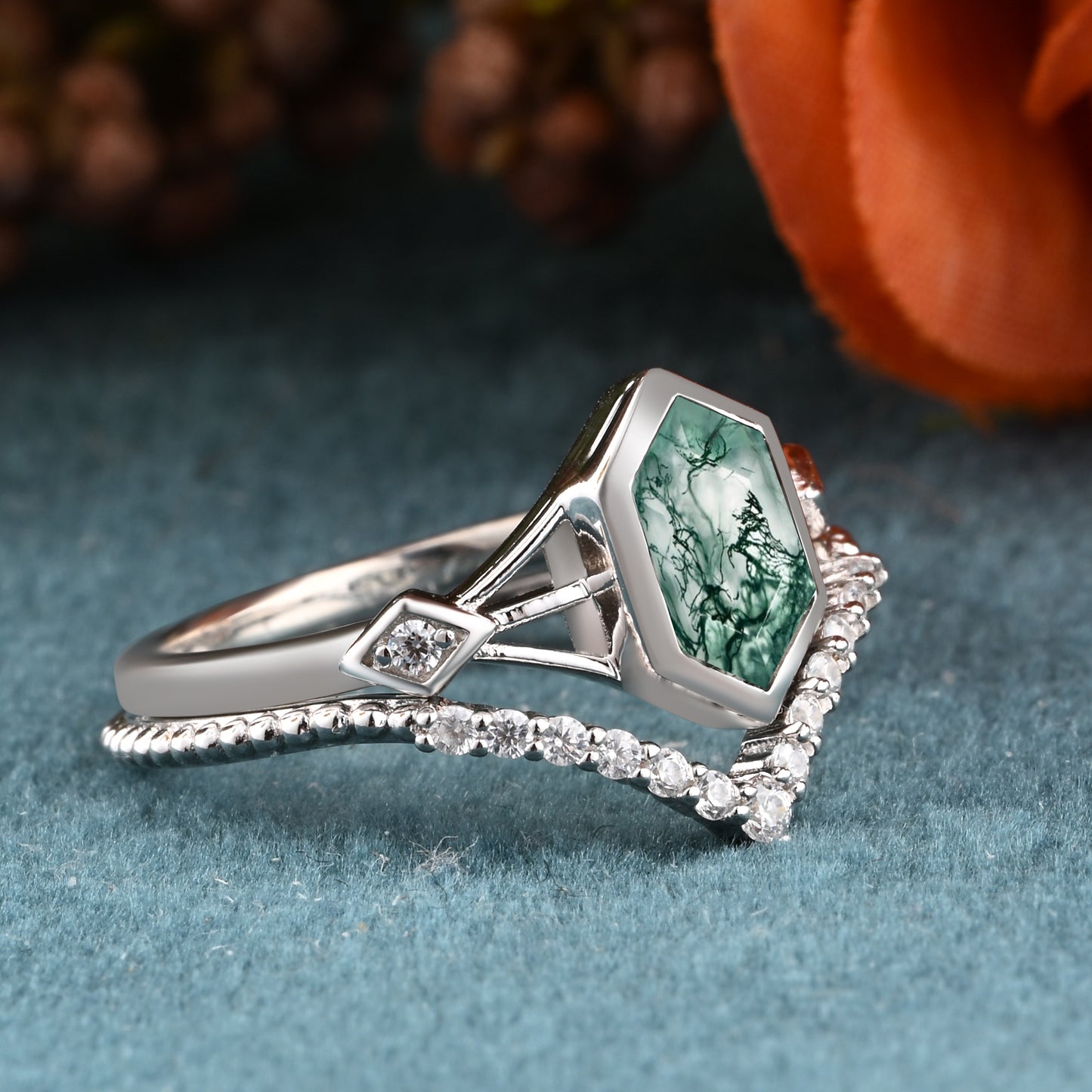 Unique Vintage Bezel Setting Moss Agate Ring Set Solid 14k Yellow Gold Ring Set Vintage Hexagon Cut Moss Agate Engagement Promise Bridal Ring Set