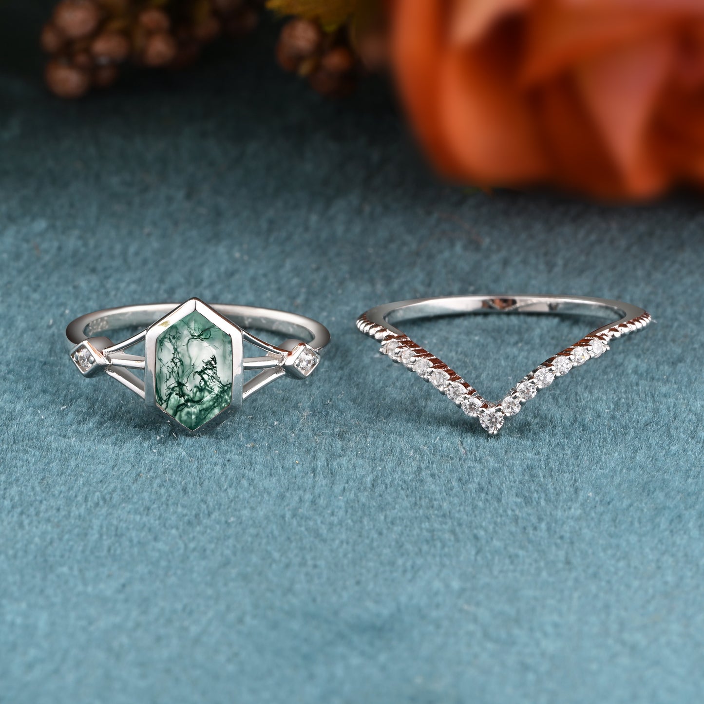 Unique Vintage Bezel Setting Moss Agate Ring Set Solid 14k Yellow Gold Ring Set Vintage Hexagon Cut Moss Agate Engagement Promise Bridal Ring Set