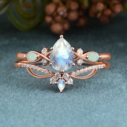 Vintage Pear Shape Moonstone Engagement Ring Set Unique Gemstone Promise Bridal Ring Set Anniversary Gift