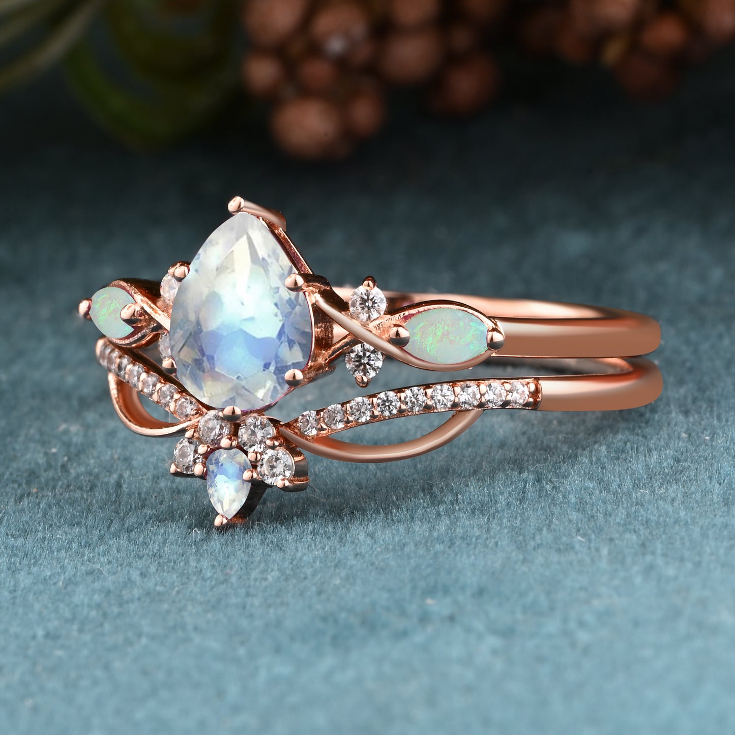 Vintage Pear Shape Moonstone Engagement Ring Set Unique Gemstone Promise Bridal Ring Set Anniversary Gift