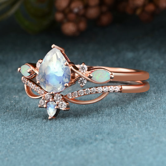 Vintage Pear Shape Moonstone Engagement Ring Set Unique Gemstone Promise Bridal Ring Set Anniversary Gift