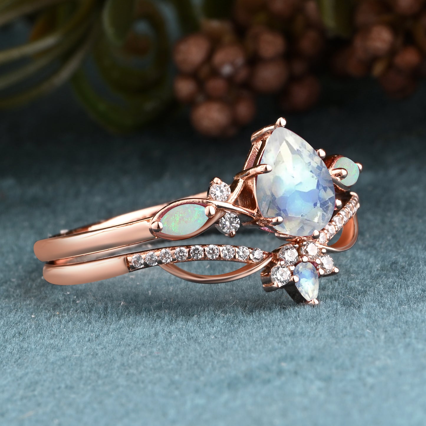 Vintage Pear Shape Moonstone Engagement Ring Set Unique Gemstone Promise Bridal Ring Set Anniversary Gift