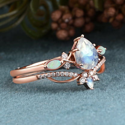 Vintage Pear Shape Moonstone Engagement Ring Set Unique Gemstone Promise Bridal Ring Set Anniversary Gift
