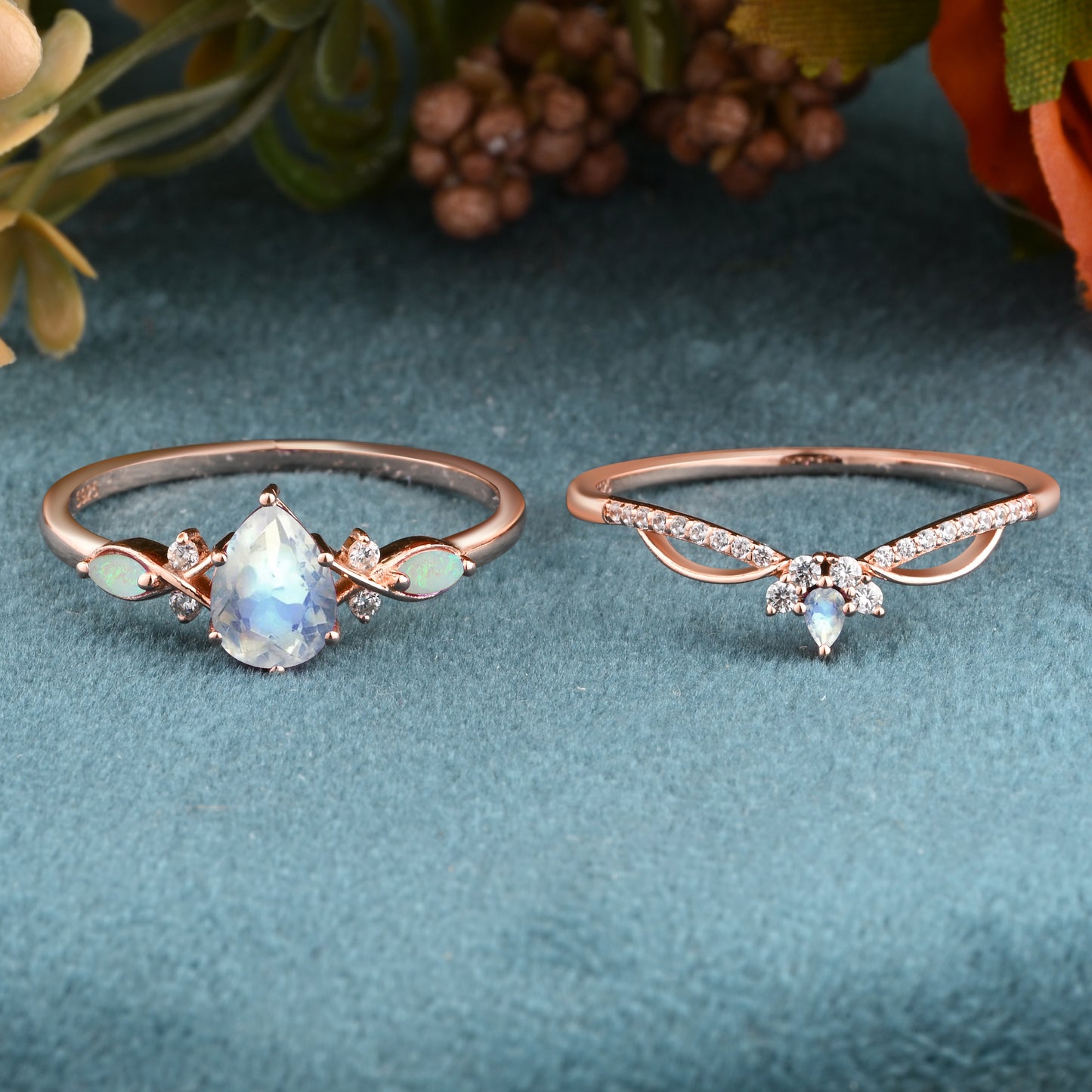 Vintage Pear Shape Moonstone Engagement Ring Set Unique Gemstone Promise Bridal Ring Set Anniversary Gift