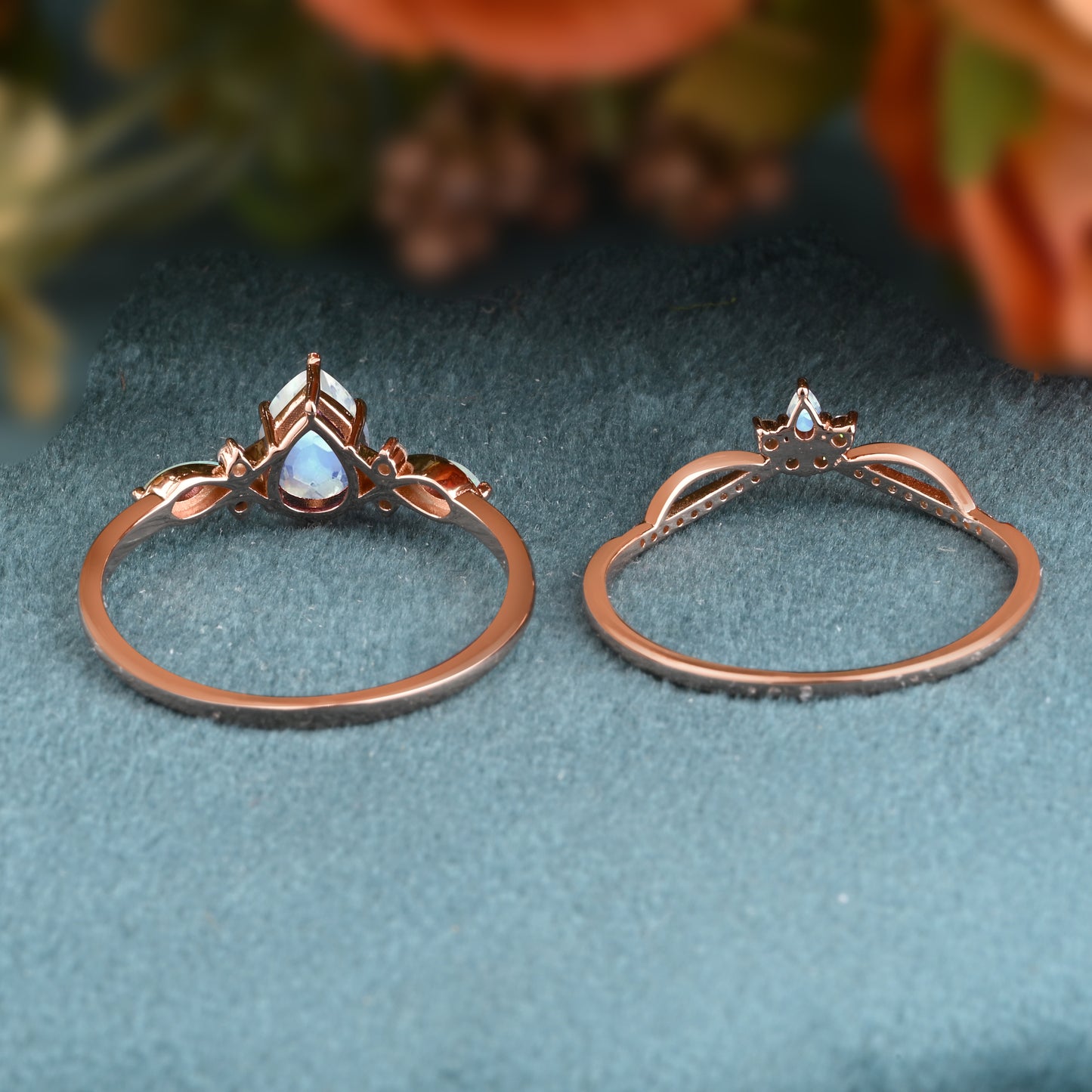 Vintage Pear Shape Moonstone Engagement Ring Set Unique Gemstone Promise Bridal Ring Set Anniversary Gift