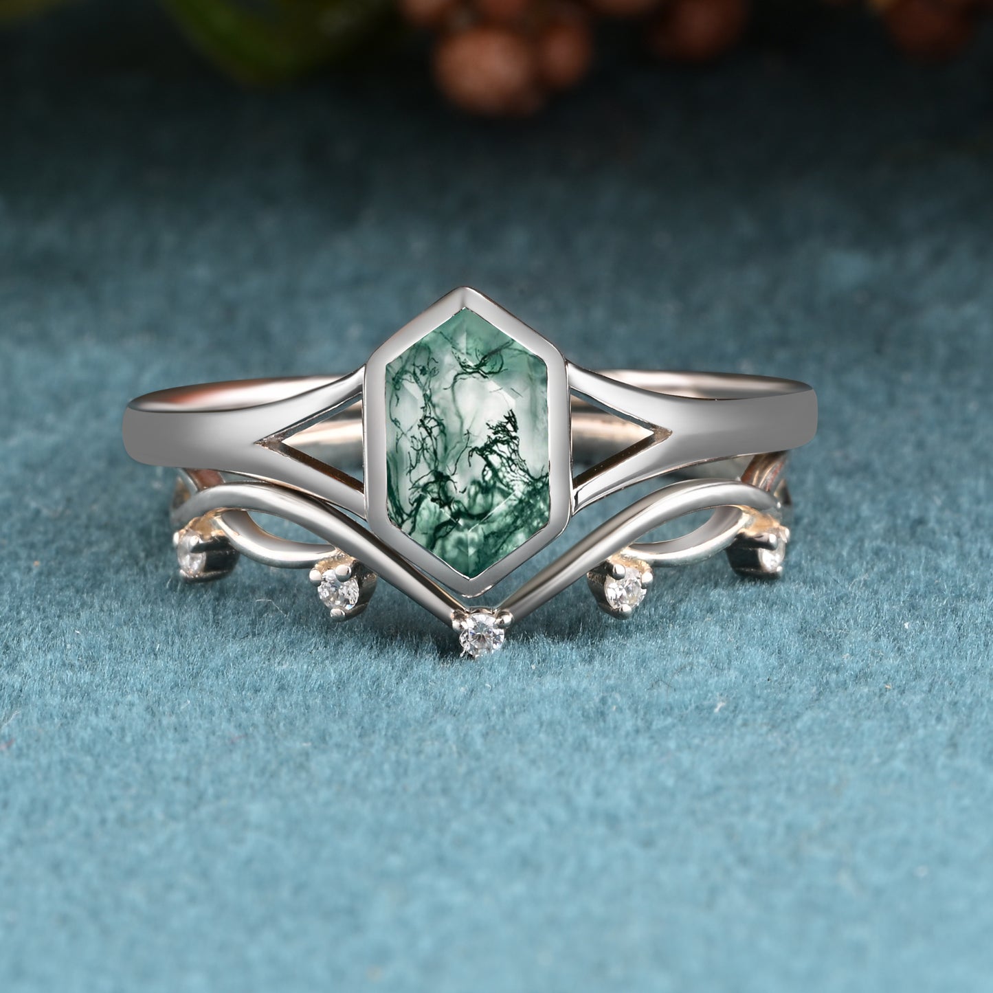 Unique Vintage Bezel Setting Moss Agate Ring Set Sterling Silver Ring Set Vintage Hexagon Cut Moss Agate Engagement Promise Bridal Ring Set
