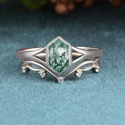 Unique Vintage Bezel Setting Moss Agate Ring Set Sterling Silver Ring Set Vintage Hexagon Cut Moss Agate Engagement Promise Bridal Ring Set