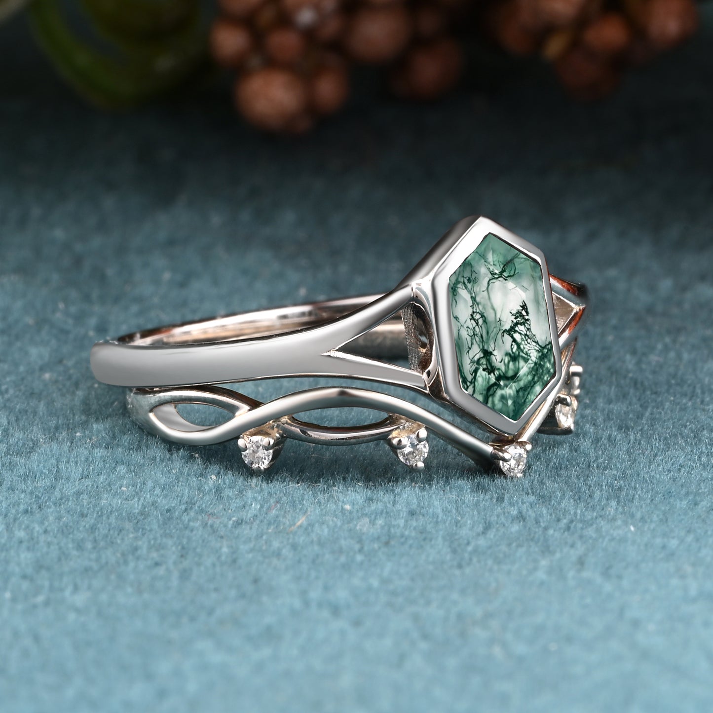 Unique Vintage Bezel Setting Moss Agate Ring Set Sterling Silver Ring Set Vintage Hexagon Cut Moss Agate Engagement Promise Bridal Ring Set