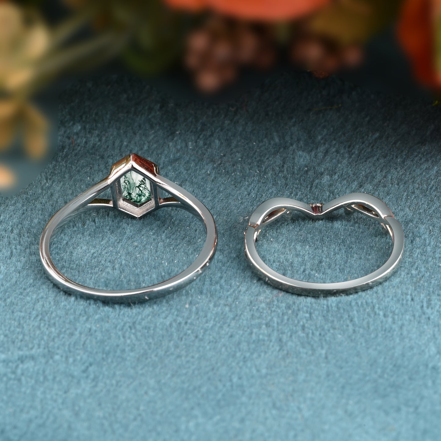 Unique Vintage Bezel Setting Moss Agate Ring Set Sterling Silver Ring Set Vintage Hexagon Cut Moss Agate Engagement Promise Bridal Ring Set