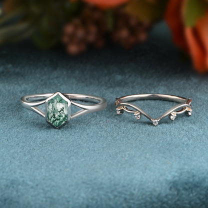 Unique Vintage Bezel Setting Moss Agate Ring Set Sterling Silver Ring Set Vintage Hexagon Cut Moss Agate Engagement Promise Bridal Ring Set