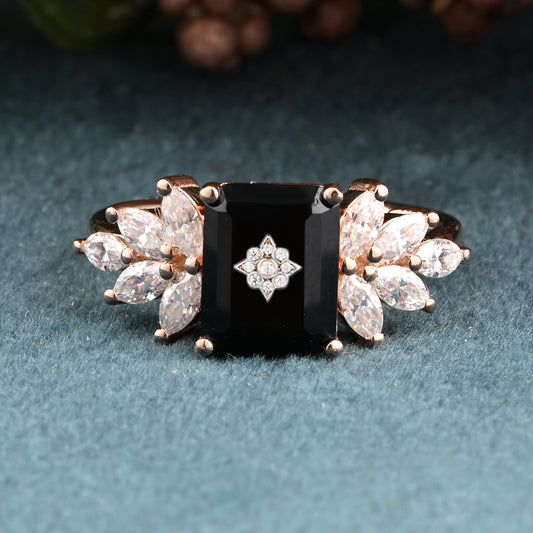 Black Onyx Engagement Ring Emerald Cut Black Agate Ring Rose Gold Ring Cluster Ring Moissanite Bridal Ring Promise Ring Anniversary Gift