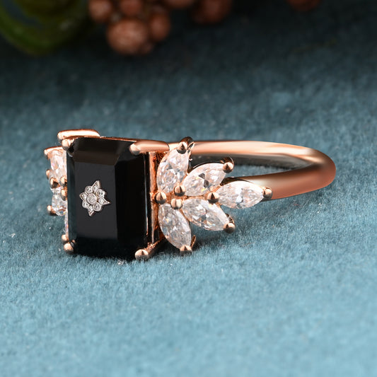 Black Onyx Engagement Ring Emerald Cut Black Agate Ring Rose Gold Ring Cluster Ring Moissanite Bridal Ring Promise Ring Anniversary Gift
