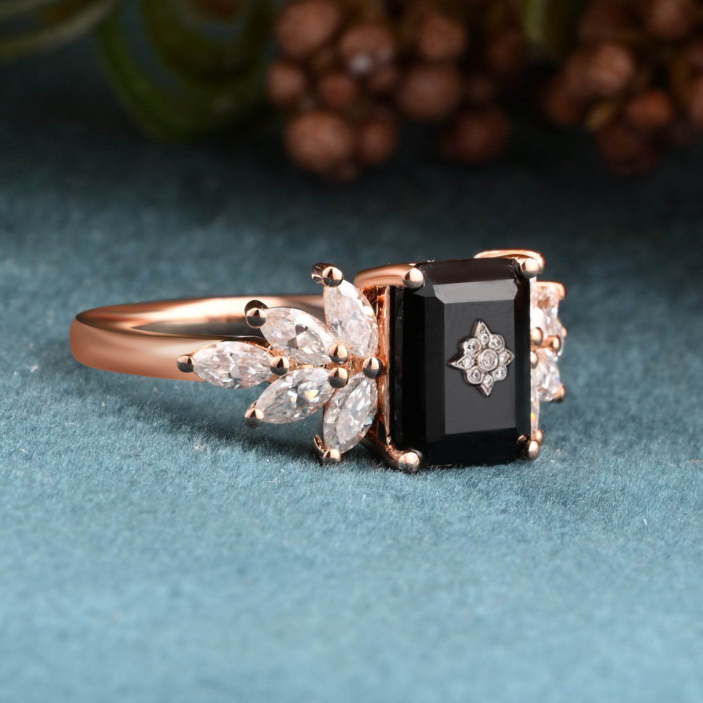 Black Onyx Engagement Ring Emerald Cut Black Agate Ring Rose Gold Ring Cluster Ring Moissanite Bridal Ring Promise Ring Anniversary Gift