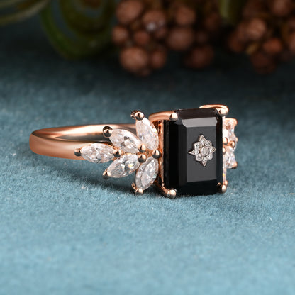 Black Onyx Engagement Ring Emerald Cut Black Agate Ring Rose Gold Ring Cluster Ring Moissanite Bridal Ring Promise Ring Anniversary Gift