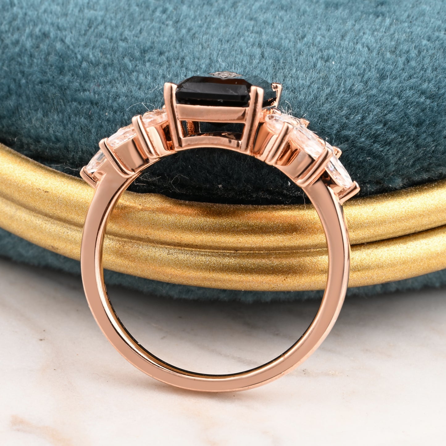 Black Onyx Engagement Ring Emerald Cut Black Agate Ring Rose Gold Ring Cluster Ring Moissanite Bridal Ring Promise Ring Anniversary Gift