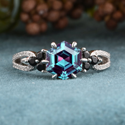 Vintage Hexagon Cut Alexandrite Engagement Ring Nature Inspired Black Onyx Cluster Promise Ring Rose Gold Art Deco Leaf Women Gemstone Branch Ring
