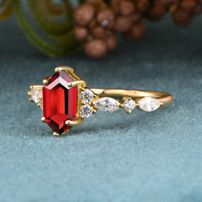 Unique Ruby Ring For Women Hexagon Cut Ruby Engagement Ring Art Deco Ruby Ring Dainty Bridal Ring Ruby Jewelry Anniversary Ring For Her