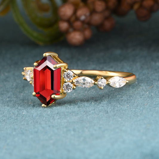 Unique Ruby Ring For Women Hexagon Cut Ruby Engagement Ring Art Deco Ruby Ring Dainty Bridal Ring Ruby Jewelry Anniversary Ring For Her