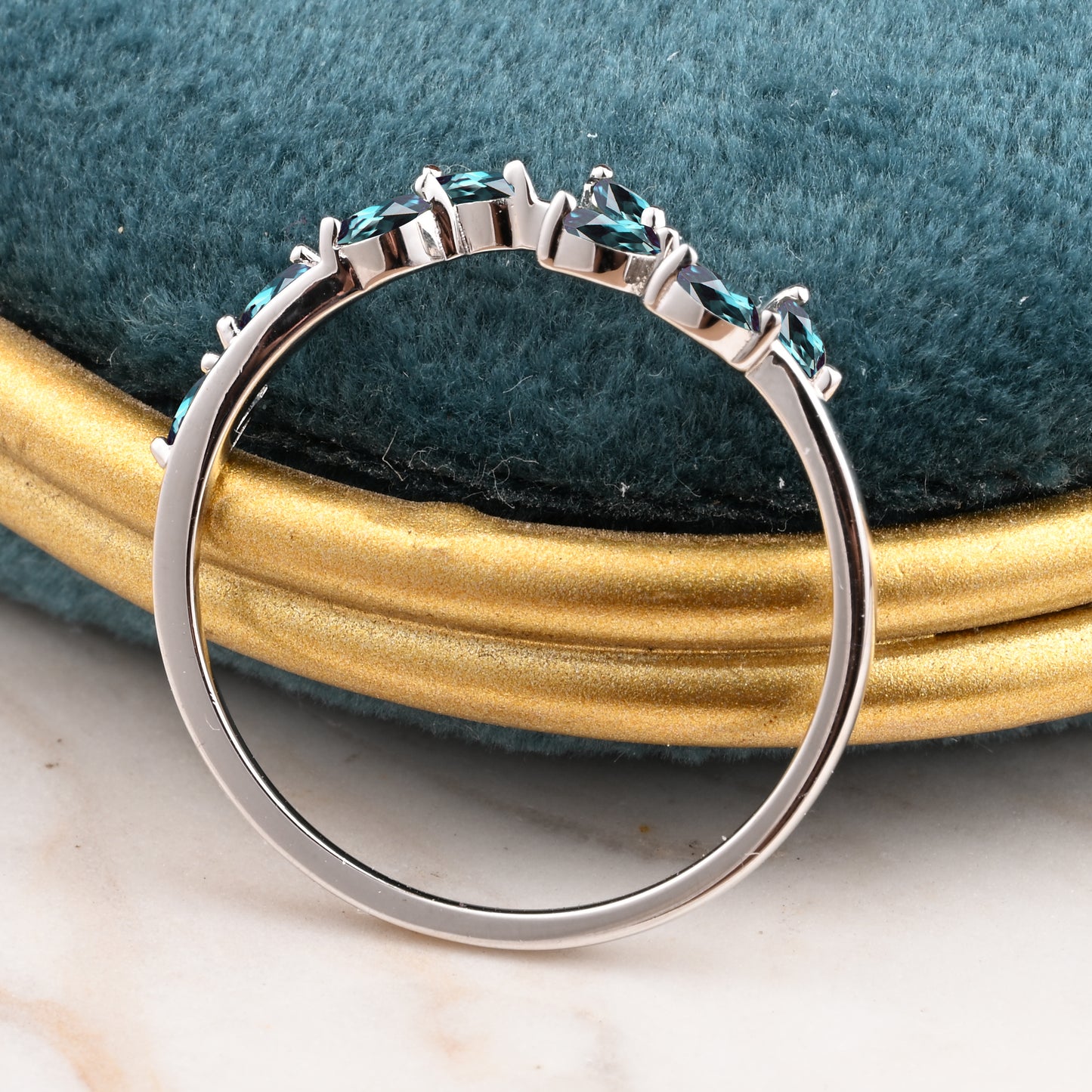 Vintage Pear Shape Alexandrite Enhancer Ring Set Unique Moissanite Gemstone Promise Bridal Ring Set